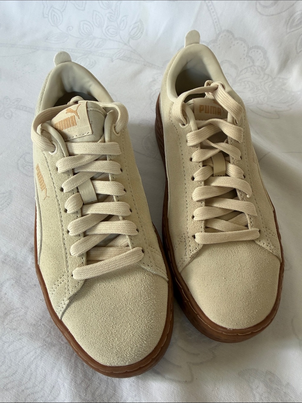 Puma Cream Suede Sneakers with Brown Gum Platform Sole